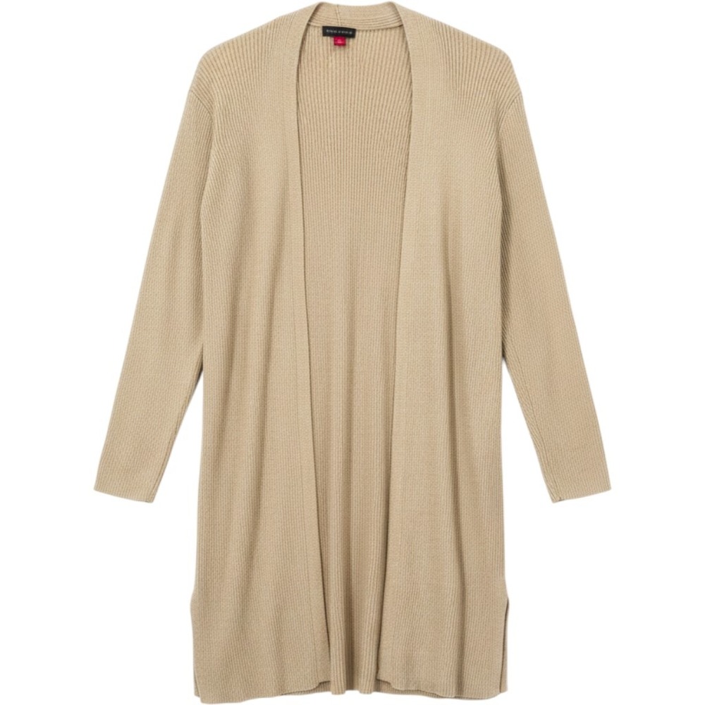 Vince Camuto Cardigan Womens L Gold Metallic Ribbed Open Front Longline Sweater